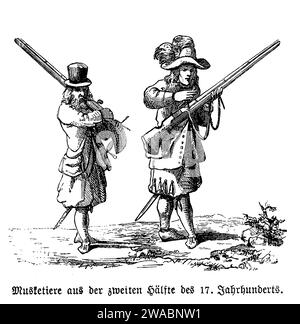 Mousquetaires français avec chapeau, épée et costume tenant un fusil de mousquet, 17e siècle Banque D'Images