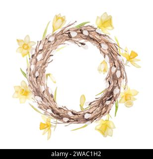Illustration aquarelle montre couronne faite de saule et de jonquilles pour Pâques Banque D'Images