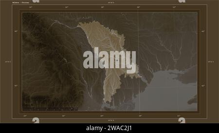 Moldavie mis en évidence sur une carte d'altitude colorée en tons sépia avec lacs et rivières carte avec le point de la capitale du pays, grille cartographique, distance Banque D'Images