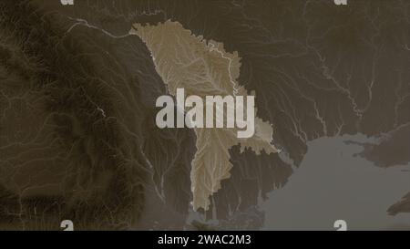 Moldavie mis en évidence sur une carte d'altitude colorée dans les tons sépia avec des lacs et des rivières Banque D'Images