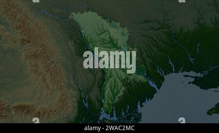 Moldavie mise en évidence sur une carte d'altitude en couleur avec des lacs et des rivières Banque D'Images