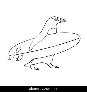Pingouin plat dessiné à la main vecteur avec planche de surf isolé sur fond blanc Illustration de Vecteur