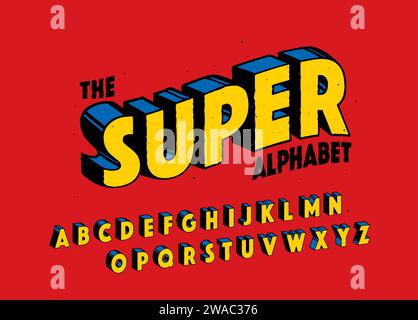 Le SUPER Alphabet. Lettres et chiffres de conception d'effet 3D. Typographie rétro-comique. Police vectorielle dessinée à la main. Illustration de Vecteur