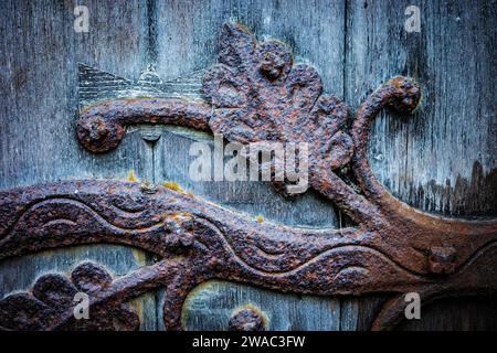 Détail de charnière rouillé en fer sur la vieille porte en bois de l'ancienne cathédrale de Llandaff. Motif de feuilles. Coloré. Banque D'Images