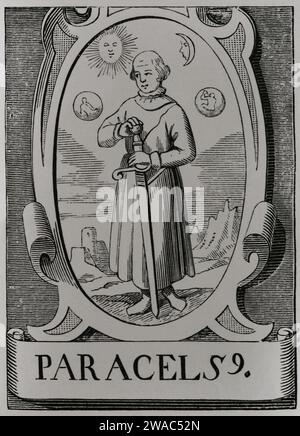 Paracelse (1493-1541) Médecin germano-suisse. Portrait d'après une gravure de Jean de Vries. Sciences & lettres au Moyen Age et à l'époque de la Renaissance. Paris, 1877. Banque D'Images