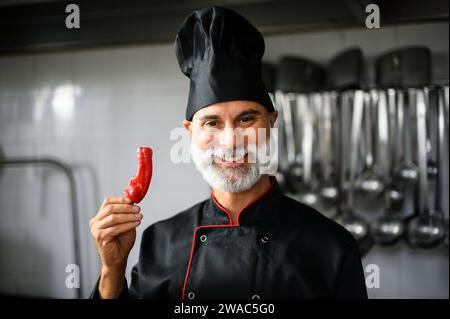 Chef masculin joyeux dans une cuisine professionnelle présentant un piment fort Banque D'Images