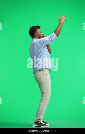 Un homme en chemise bleue, sur fond vert, en pleine hauteur, crie, de profil Banque D'Images