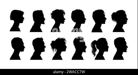 Vector silhouette ensemble de profil de visage de différentes personnes. Portrait Silhouette hommes et femmes. Illustration de Vecteur