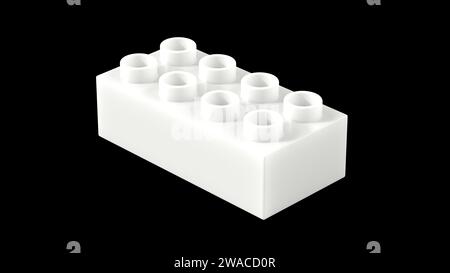 Bloc Lego en plastique blanc neige isolé sur un fond noir. Brick jouet pour enfants, vue perspective. Vue rapprochée d'un bloc de jeu pour les constructeurs. Rendu 3D. Ultra HD 8k, 7680 x 4320, 300 ppp Banque D'Images