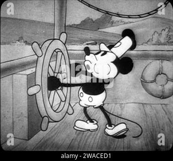 Une image fixe du dessin animé de Mickey Mouse de 1928, Steamboat Willie Banque D'Images