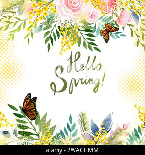 Mimosa jaune, fleurs de taches jaunes, éclaboussures. Couronne printanière des fleurs jaunes les plus brillantes. Bonjour printemps . dessin à la main. Pas ai, Illustration de Vecteur