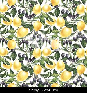 Motif aquarelle avec citrons et olives. Motif répétitif avec branches d'olive et citrons mûrs pour l'emballage de papier ou de textiles. Banque D'Images