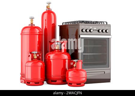 Bouteilles de gaz propane avec cuisinière à gaz. Service de livraison de gaz, concept. Rendu 3D isolé sur fond blanc Banque D'Images