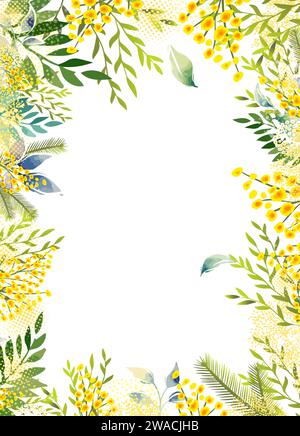 Cadre vertical avec mimosa jaune. Couronne printanière des fleurs jaunes les plus brillantes. Bonjour printemps . dessin à la main. Pas ai, Illustration de Vecteur