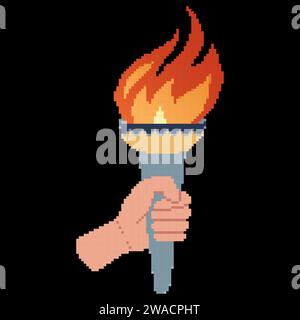 Main de style pixel art tenant une torche. Symbole de sport, conception d'illustration vectorielle plate. Illustration vectorielle. Illustration de Vecteur