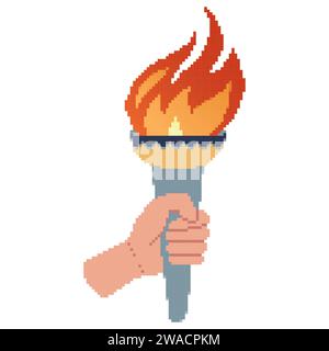 Main de style pixel art tenant une torche. Symbole de sport, conception d'illustration vectorielle plate. Illustration vectorielle. Illustration de Vecteur