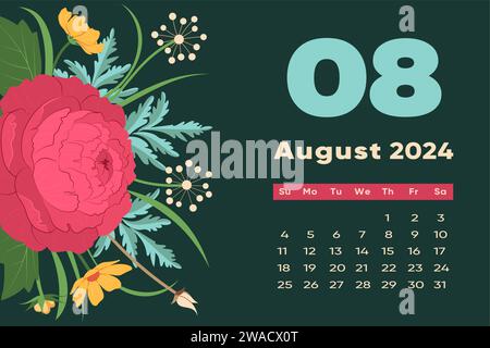 Modèle de calendrier floral août 2024. Avec des fleurs et des feuilles colorées vives. Modèle de page modifiable avec illustrations. Maillage vectoriel. La semaine commence le dimanche. Illustration de Vecteur