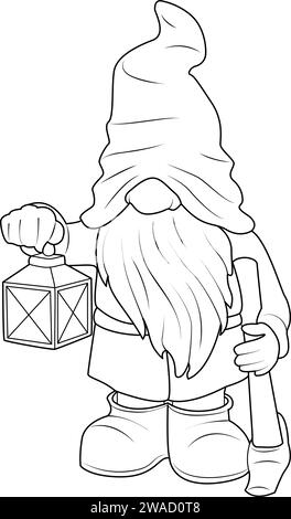 Gnome de jardin avec une lanterne dans ses icônes de contour de main. Coloriage noir et blanc pour les enfants et les adultes. Illustration vectorielle Illustration de Vecteur