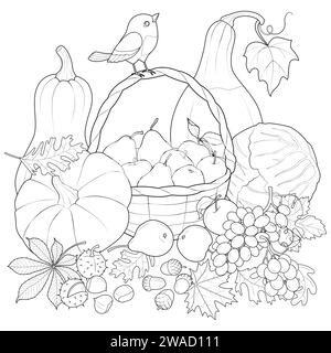 Automne récolte des légumes et des fruits avec oiseau. illustration vectorielle en noir et blanc. Coloriage pour enfants et adultes. Illustration vectorielle Illustration de Vecteur
