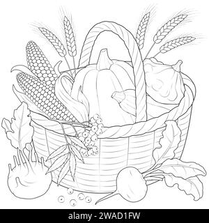 Illustration vectorielle noir et blanc du panier de récolte d'automne. Maïs, épis de blé, panier, betteraves, navets, citrouille, courge, chou-rave. Coloriage pour enfants et adultes. Illustration de Vecteur