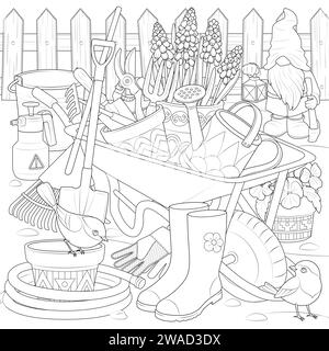 Jardin de printemps avec gnome et contour d'oiseau Noir et blanc. Vecteur gravé de brouette de jardin, outils divers, pelle, râteau, sécateur. Coloriage pour enfants et adultes. Illustration vectorielle Illustration de Vecteur