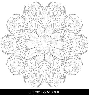 Mandala de fleurs printanières. gouttes de neige et oubliettes en noir et blanc. Page de coloriage de motif rond pour les enfants et les adultes. Illustration vectorielle Illustration de Vecteur