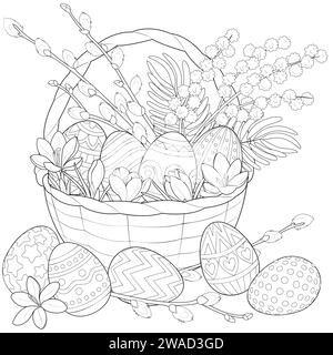 Panier de Pâques avec œufs et fleurs. Coloriage pour enfants et adultes. Page pour la relaxation et la méditation. Illustration vectorielle Illustration de Vecteur