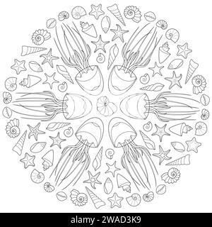 Mandala de mer avec coquillages et méduses. Coloriage anti stress pour enfants et adultes. Coquillages, étoiles de mer, océan. Beau dessin avec de petits détails. Livre de coloriage. Illustration vectorielle. Illustration de Vecteur