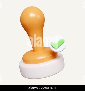 Icône tampon 3D avec coche. tampon pour approbation de marque de résolution et concept d'autorisation. icône isolée sur fond blanc. illustration de rendu 3d. Banque D'Images