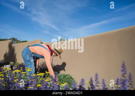 États-Unis, Nouveau Mexique, Santa Fe, femme en chapeau de paille et salopettes en denim jardinage Banque D'Images