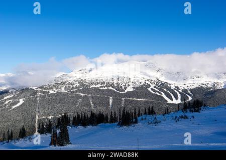 Une vue spectaculaire du côté sud-ouest de Blackcomb Mountain avec plusieurs pistes de ski visibles, y compris une piste de ski sur Whistler Mountain dans le front Banque D'Images