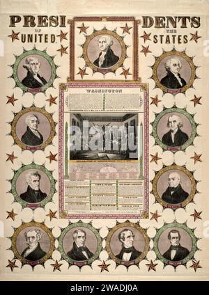 Lithographie, 'Presidents of the United Statess' ca. 1846, montre également des portraits de présidents américains et la signature de la Déclaration d'indépendance le 4 juillet 1775 Banque D'Images