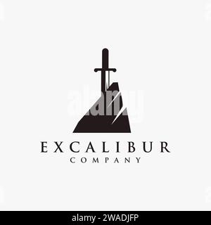 Modèle vectoriel d'icône de logo Sword Excalibur simple sur fond blanc Illustration de Vecteur