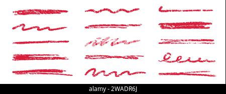 Trait de pinceau crayon souligné en rouge. Trait de surbrillance au crayon de craie. Elément de soulignement de pinceau dessiné à la main vectoriel défini pour l'accent, élément d'accentuation de texture crayon. Illustration vectorielle à la craie rouge Illustration de Vecteur