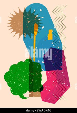 Boîte aux lettres de risographie avec bulle de parole avec des formes géométriques. Les objets dans le graphe riso tendance impriment la conception de style de texture avec des éléments géométriques. Illustration de Vecteur