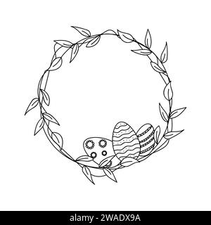 Couronne de Pâques avec des œufs de Pâques, des feuilles et des branches sur fond blanc dans le style doodle. Conception pour vos cartes de vœux, bannières, flyers. Vecteur dans Illustration de Vecteur