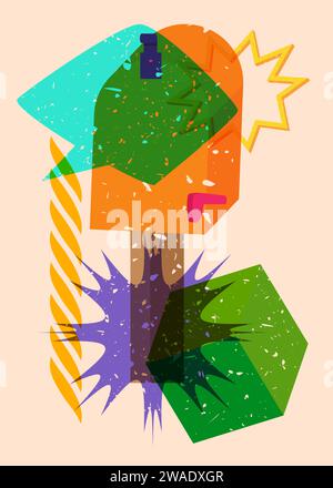 Boîte aux lettres de risographie avec bulle de parole avec des formes géométriques. Les objets dans le graphe riso tendance impriment la conception de style de texture avec des éléments géométriques. Illustration de Vecteur