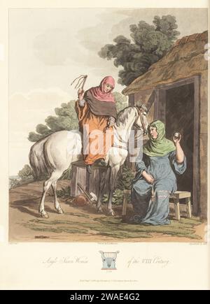 Femmes anglo-saxonnes du 8e siècle. L'un chevauchant la selle latérale sur un cheval, l'autre filant le fil avec une canette. Les deux portaient des voiles à capuche et de longues robes sur des robes de lin. Du vieil anglais Hexateuque, coton MS Claudius B iv. Ancienne lyre de coton MS Tiberius B v. gravure sur cuivre colorée à la main gravée par John Augustus Atkinson, aquatintée par John Hill, d'après une illustration de Charles Hamilton Smith tirée de ses propres sélections de costumes anciens de Grande-Bretagne et d'Irlande, Colnaghi and Co., Londres, 1814. Banque D'Images