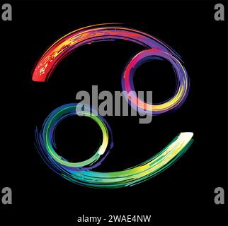 Signe du zodiaque cancer, peint avec de grands coups d'arc-en-ciel, lumineux, multicolore, luminescent, peinture au néon sur fond noir. Symbole du zodiaque. Illustration de Vecteur