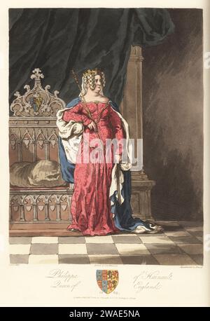 Philippa de Hainault, reine d'Angleterre, régente, épouse du roi Édouard III, 1369. En couronne, coiffe réticulée de fil d'or avec perles, longue robe de brocart, manteau bleu, tenant un sceptre. Debout devant un trône sculpté orné avec coussin. De son effigie tombale dans l'abbaye de Westminster. Gravure sur cuivre colorée à la main gravée par John Augustus Atkinson, aquatintée par Havell, d'après une illustration de Charles Hamilton Smith tirée de ses propres sélections of Ancient Costume of Great Britain and Ireland, Colnaghi and Co., Londres, 1814. Banque D'Images