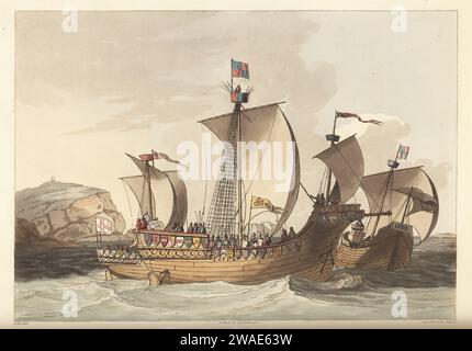 Navires naviguant près de Portsmouth, 14e et 15e siècles. Homme de guerre avec trois mâts et voiles carrées, avant-gardiste haut, espar Bowsprit, boucliers armoriaux, volant l'étendard royal, ère du roi Henry V de Harley MS 4379. Navire de guerre avec poupe haute, tour sur la proue, ère du roi Richard II de coton MS Domitian A 17. Gravure sur cuivre colorée à la main gravée par John Augustus Atkinson, aquatintée par Havell, d'après une illustration de Charles Hamilton Smith tirée de ses propres sélections of Ancient Costume of Great Britain and Ireland, Colnaghi and Co., Londres, 1814. Banque D'Images