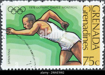 Timbre-poste annulé imprimé par Grenade, qui montre Judo, Jeux olympiques d'été 1976 - Montréal, vers 1976. Banque D'Images