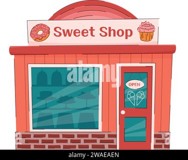 Façade de bâtiment Sweet shop. Mignon petit magasin de bonbons avec vitrine Illustration de Vecteur