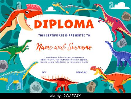 Diplôme pour enfants. Personnages drôles de dinosaures de dessin animé et empreintes de pas de pierre fossile. Modèle de vecteur de diplôme avec Monolophosaurus, Dubreuillosaurus, Wannanosaurus et Barapasaurus, Kentrosaurus Cute Personage Illustration de Vecteur