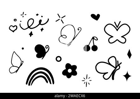 Baterfly avec des fleurs mignonnes, arc-en-ciel, éclats dans le style doodle isolé sur fond blanc. Dessin d'esquisse, dessin animé. Illustration vectorielle Illustration de Vecteur