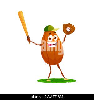 Personnage de noix d'amande de dessin animé joue avec enthousiasme au baseball. Noyau ludique vecteur isolé balançant la batte avec excitation et portant une casquette de baseball, apportant une énergie joyeuse et vivante au jeu Illustration de Vecteur