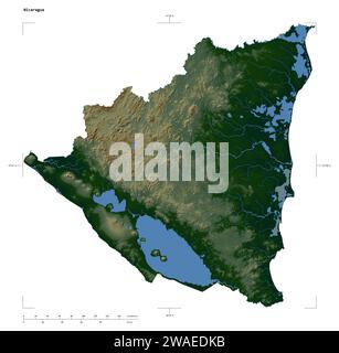 Forme d'une carte d'altitude en couleur avec les lacs et les rivières du Nicaragua, avec l'échelle de distance et les coordonnées de la frontière de la carte, isolé sur blanc Banque D'Images