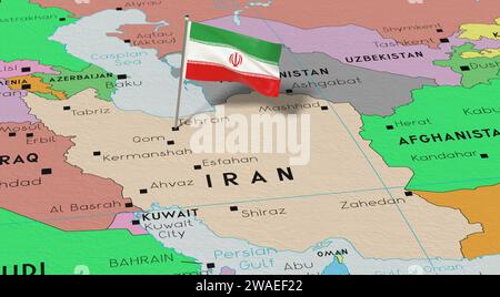 Iran, Téhéran - drapeau national épinglé sur la carte politique - illustration 3D. Banque D'Images