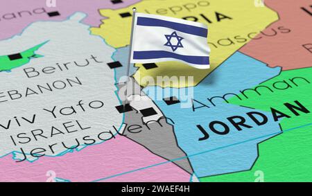 Israël, Jérusalem - drapeau national épinglé sur la carte politique - illustration 3D. Banque D'Images