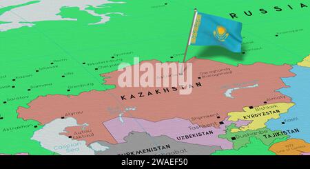 Kazakhstan, Astana - drapeau national épinglé sur la carte politique - illustration 3D. Banque D'Images
